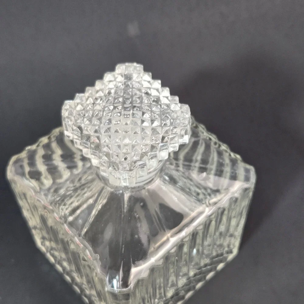 Vintage Glass Liquor Decanter Square Diamond Cut Fluted Barber Bottle Stopper
